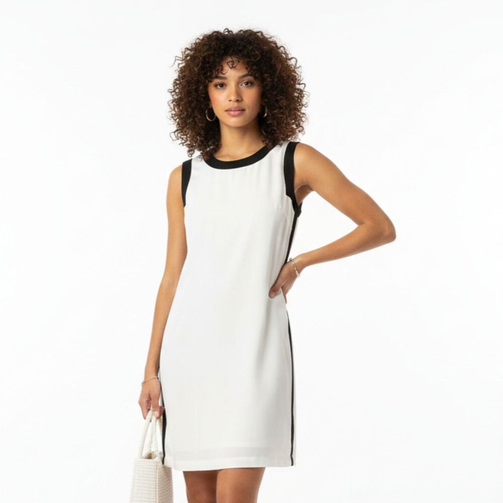 Lino USA 100% Linen White & Black Color Block Sleeveless Shift Dress S
